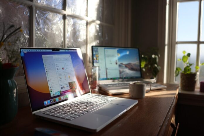 MacBook running Windows 11 in Parallels Desktop with Coherence mode showing Windows app alongside macOS Dock