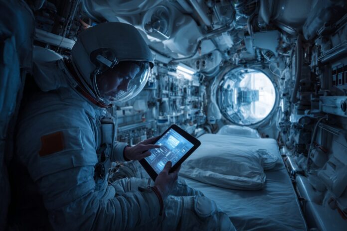 Astronaut using a tablet-based AI assistant in a spacecraft medical bay