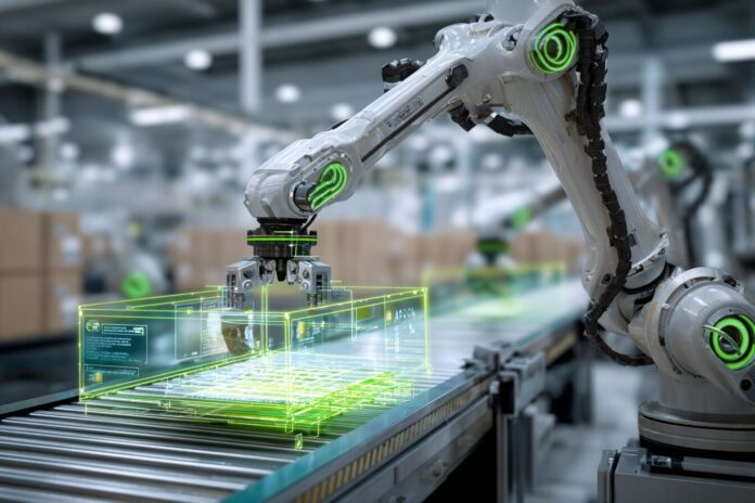Robotic arm in a factory interpreting a video feed with overlayed plan steps, representing NVIDIA Cosmos Reason’s physical common-sense planning.