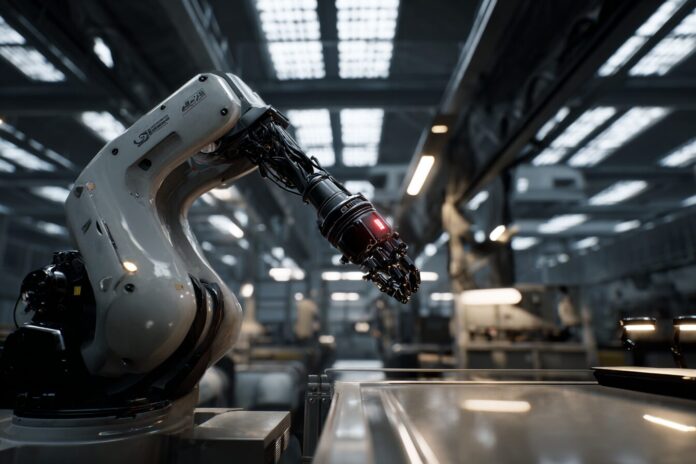 Futuristic robotic arm training in a photorealistic virtual factory environment with ray‑traced lighting
