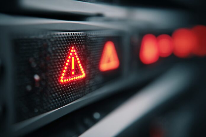 Close-up of a Citrix NetScaler appliance with alert symbols indicating a critical vulnerability.