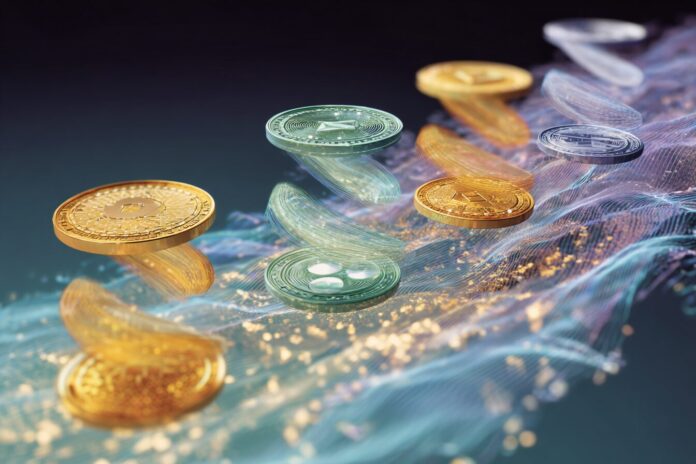 Abstract image of stablecoin coins (USDC and EURC) flowing into DeFi pools across Aave, Morpho, Kamino, and Jupiter logos.