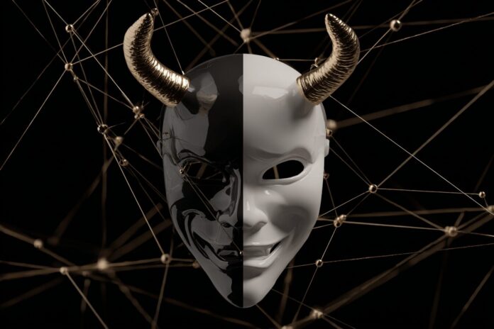 A symbolic representation of an LLM confronted with 'evil' data—a two-faced mask, one side malicious, the other friendly, set against a neural network background.