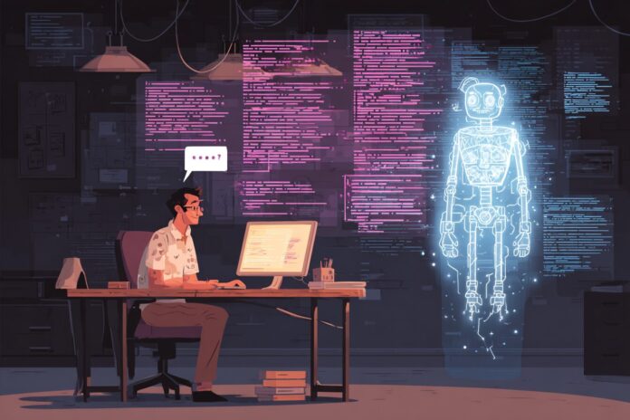 A developer sits at a desk surrounded by code snippets and an AI assistant hologram offering helpful suggestions.