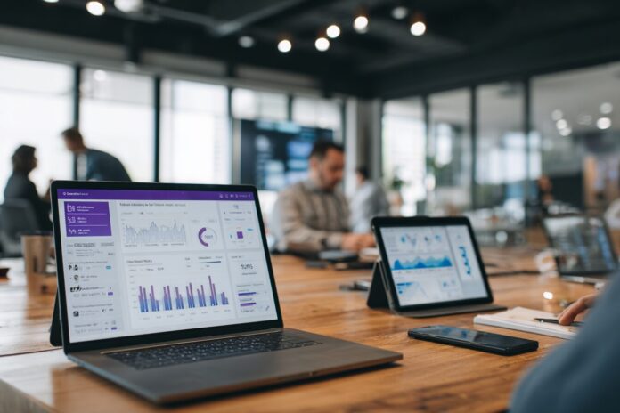A modern office setup with business professionals using AI tools on laptops and tablets, showing a dashboard labeled 'Claude Enterprise AI'.