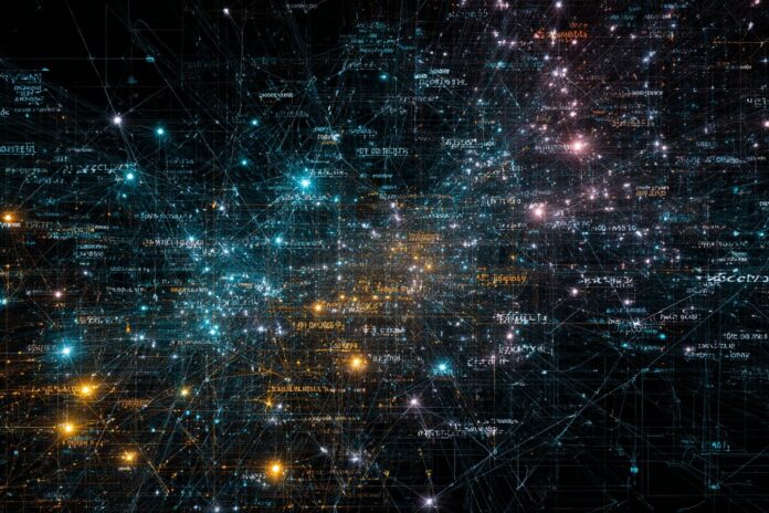 Abstract digital visualization of AI neural networks self-optimizing with code and metrics overlays.