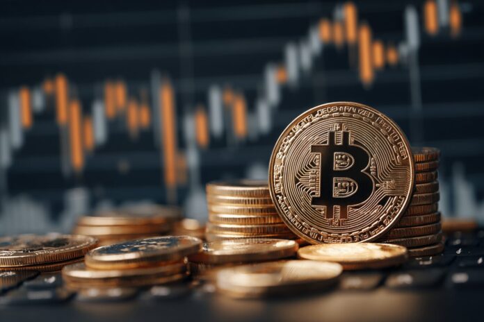 Bitcoin price chart with banking logo and digital assets