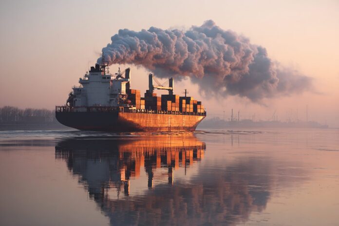 Smoke emissions from a cargo ship reflecting global trade impact