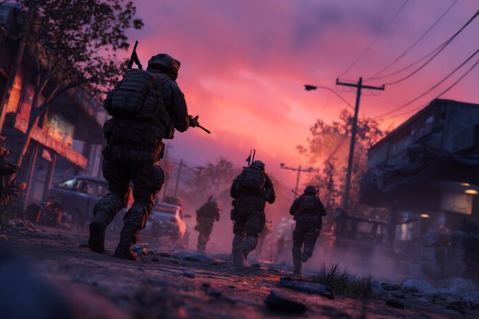 Battlefield 6 soldiers advancing through a war-torn urban environment at dusk.