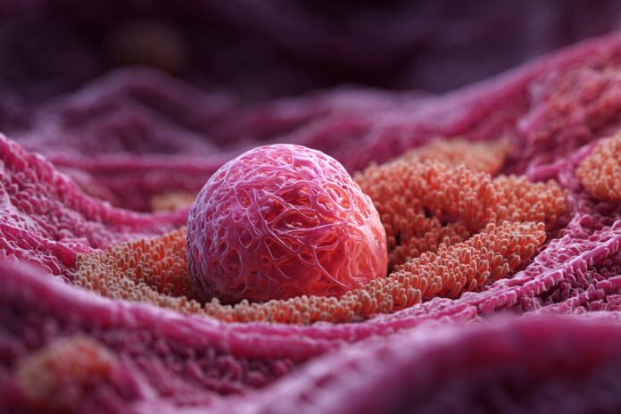 A vibrant, close-up 3D rendering depicting a human embryo embedding into a textured, collagen-rich matrix resembling the uterine lining.
