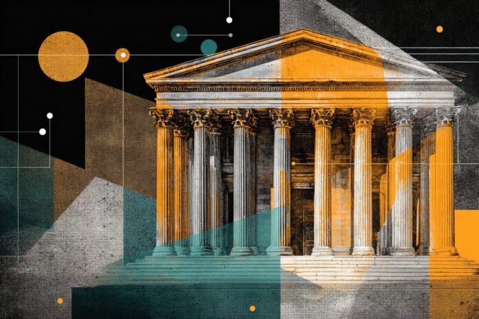 An abstract image showing digital bank architecture merging with blockchain graphics, symbolizing regulatory barriers.