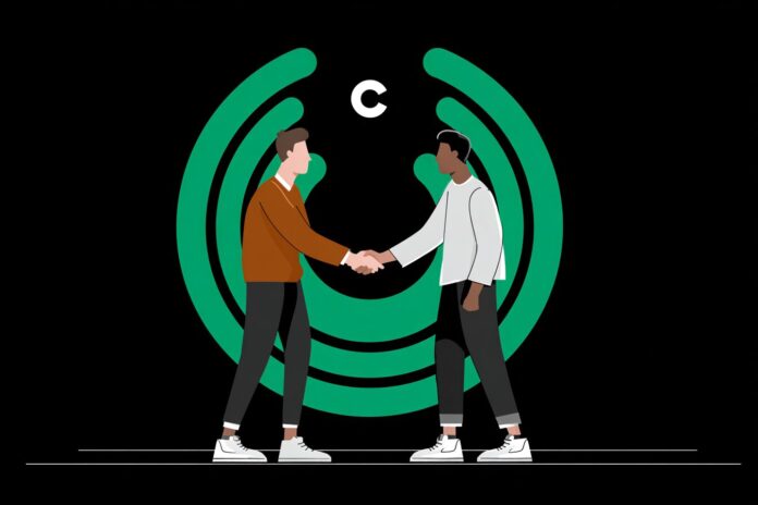 Circle and Malachite team members shaking hands in front of the Arc blockchain logo