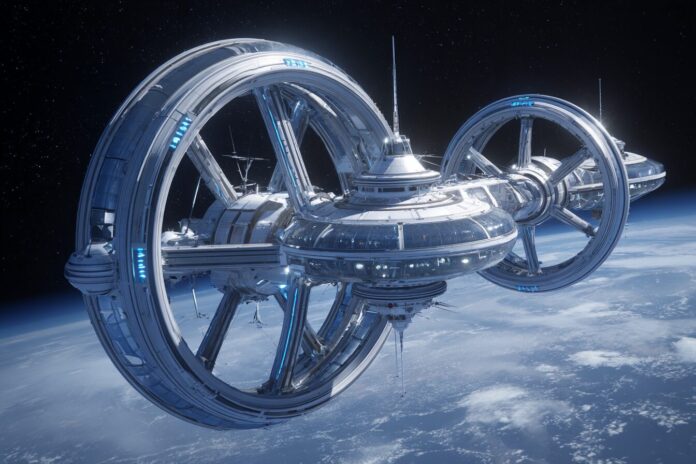 Futuristic, modular spacecraft habitat with rotating coaxial shells orbiting a nearby star