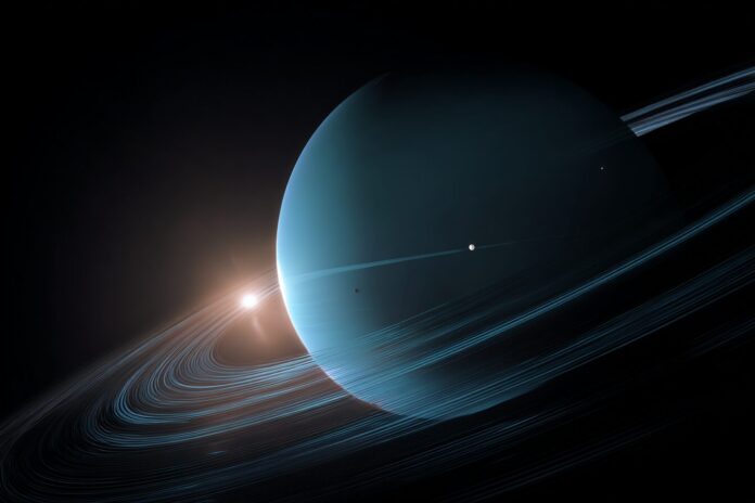 James Webb Space Telescope image of Uranus showing moon S/2025 U1 as a small dot among several other moons and rings.
