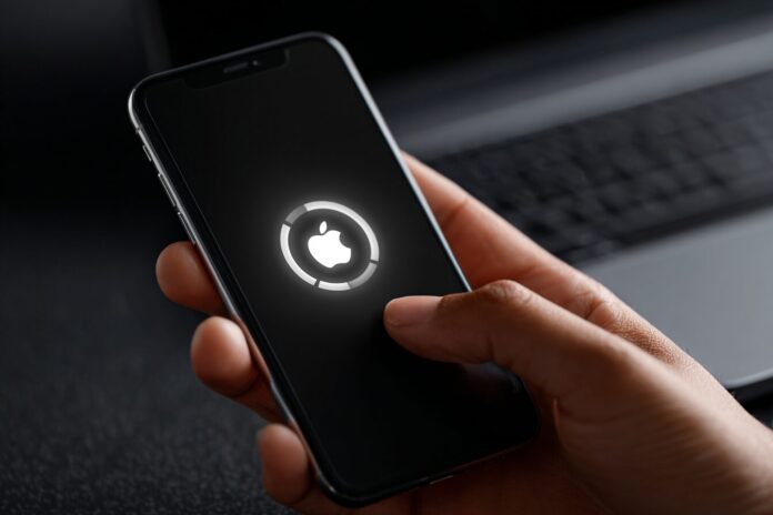User updating iPhone with Apple logo, depicting urgent security update