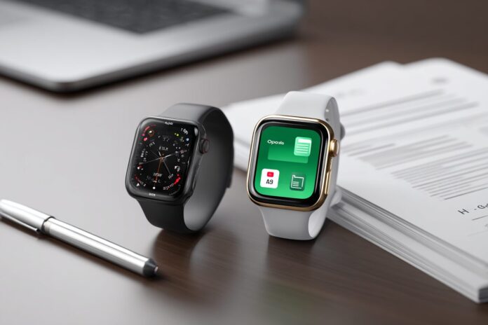 Apple Watch and Oppo smartphone side by side, together with confidential document icons