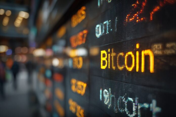 Stock market tickers showing Bitcoin prices dropping on digital display boards.