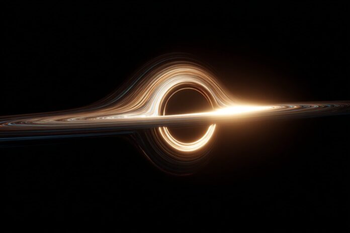 Simulated visualization of light bending around a black hole’s shadow at the event horizon