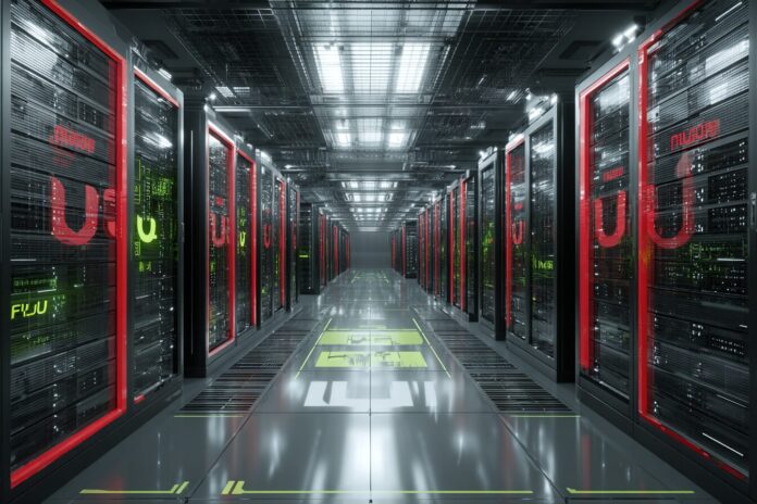 Conceptual illustration of a Japanese supercomputer data center featuring NVIDIA and Fujitsu branding.