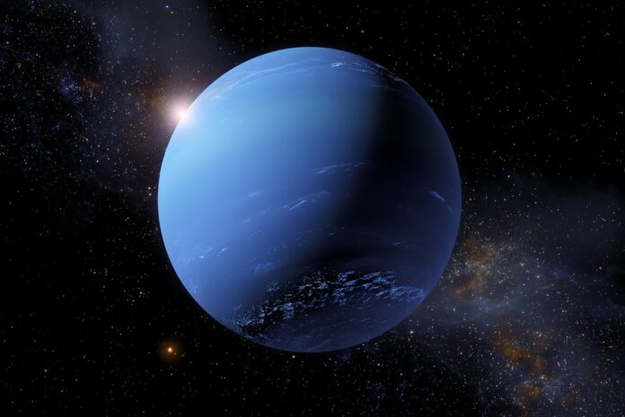 The blue planet Neptune set against a star-filled background, highlighting its striking color.