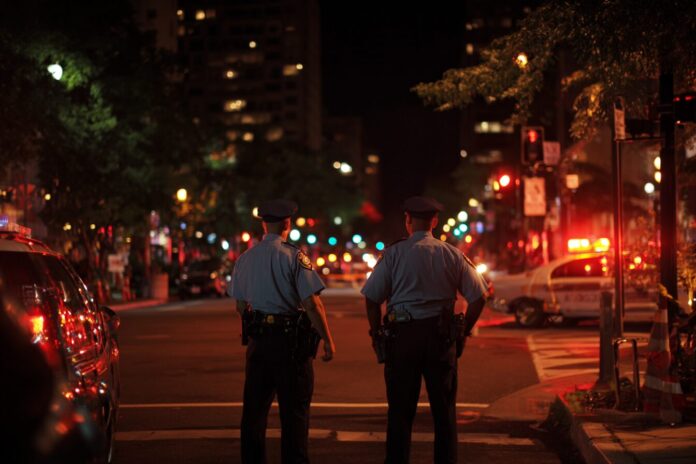 Police officers at nighttime in Washington, D.C. responding to a street incident in Logan Circle.