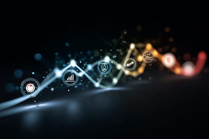 Abstract representation of artificial intelligence hype cycle with generative AI icons