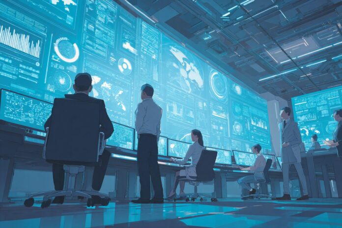 A digital illustration showing AI agents and executives collaborating in a futuristic control room, digital charts and synthetic data streams visible.