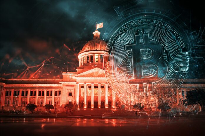 A symbolic image of the Philippine Congress with a digital Bitcoin overlay