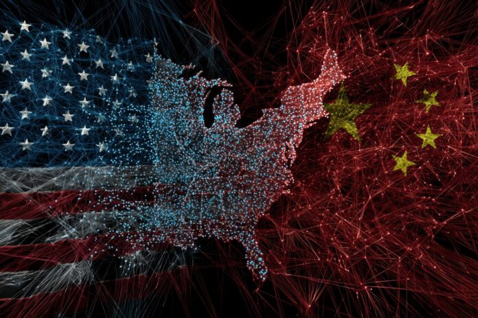A stylized neural network visualization representing DeepSeek V3.1’s immense scale and open-source nature, set against a backdrop of the US and China flags symbolizing AI competition.