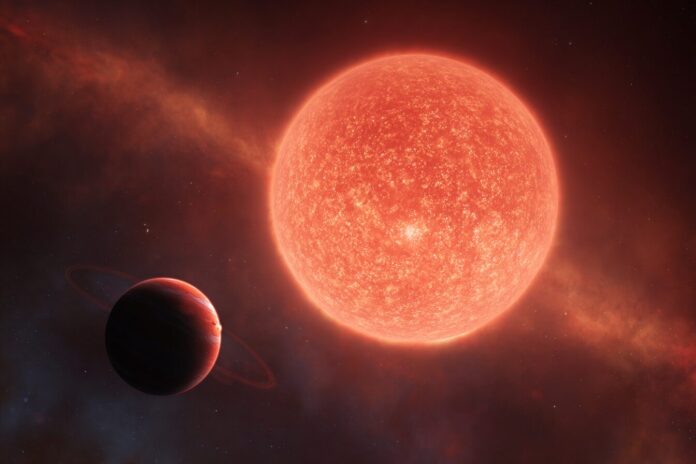 Artistic visualization of a star with visible polka dot-like star spots, with a transiting exoplanet in the foreground.