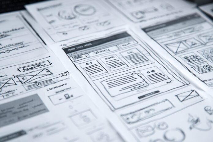 UI sketches illustrating new product information architecture and branding concepts.