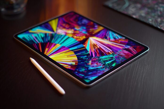 Apple iPad Pro M4 with crisp bezel-less display, Apple Pencil beside it, and vivid colors on screen