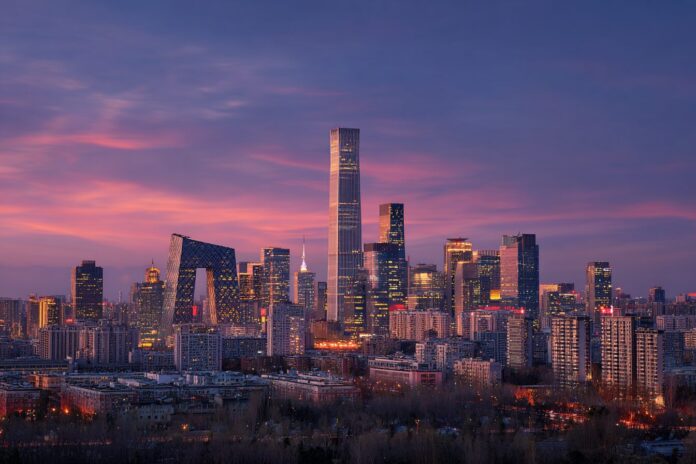 Beijing city skyline illuminated against evening sky, symbolic of its AI-powered future