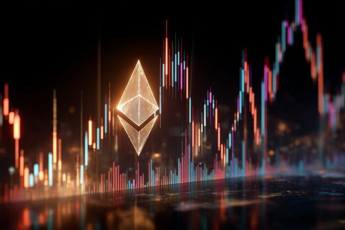 Ethereum logo digital art with rising candlestick chart in the background.