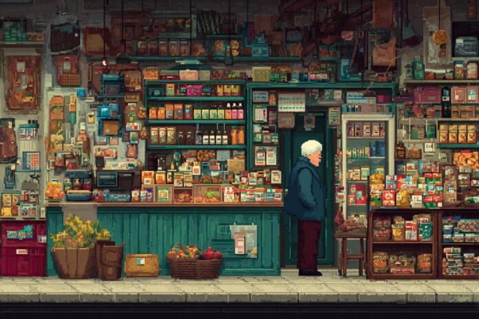Pixel art grocery store owner stocking shelves in a cozy, detailed supermarket.