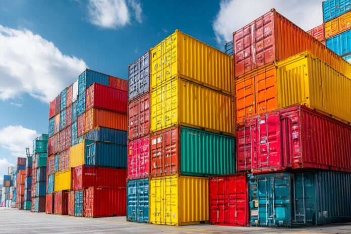 Shipping containers stacked at a US port, representing international trade and tariffs.
