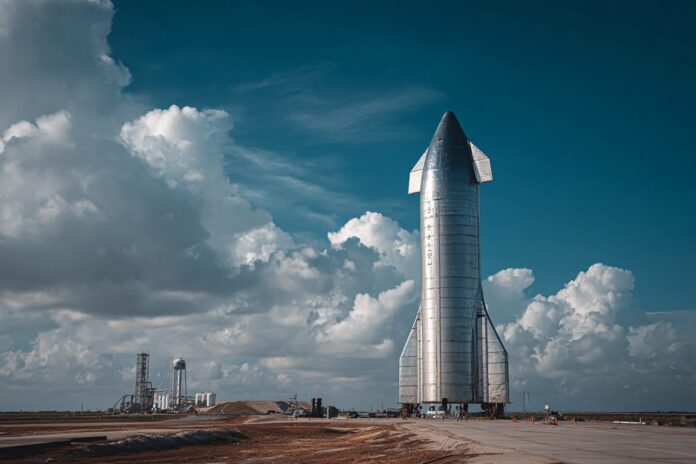 SpaceX Starship on launch pad at Starbase, ready for static fire.