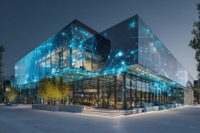 Meta headquarters exterior with digital overlays representing AI innovation and organizational change.
