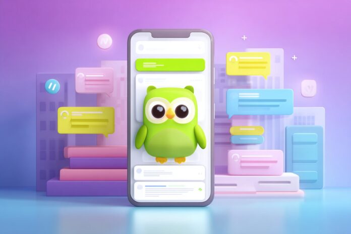 Duolingo app interface with AI elements highlighted