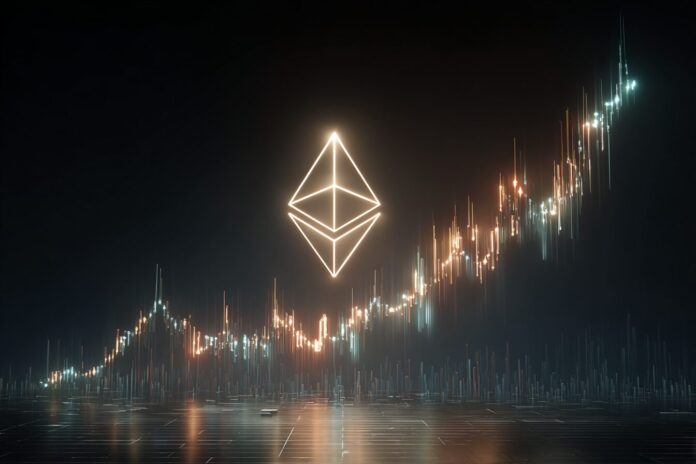 A glowing Ethereum logo above a rising price chart