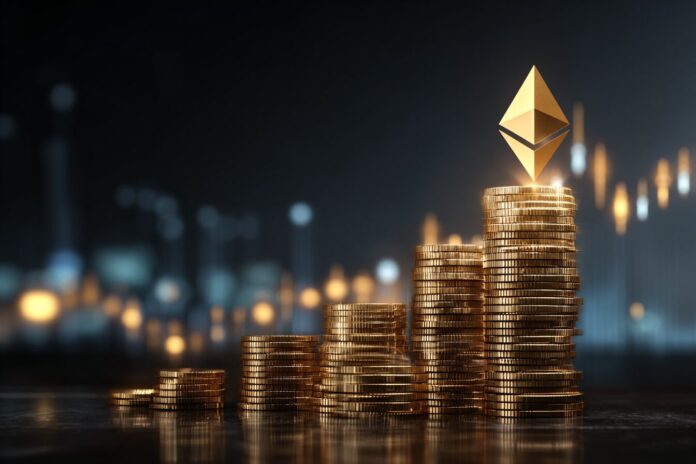 Ethereum blockchain graphic representing financial growth and future investment opportunities.