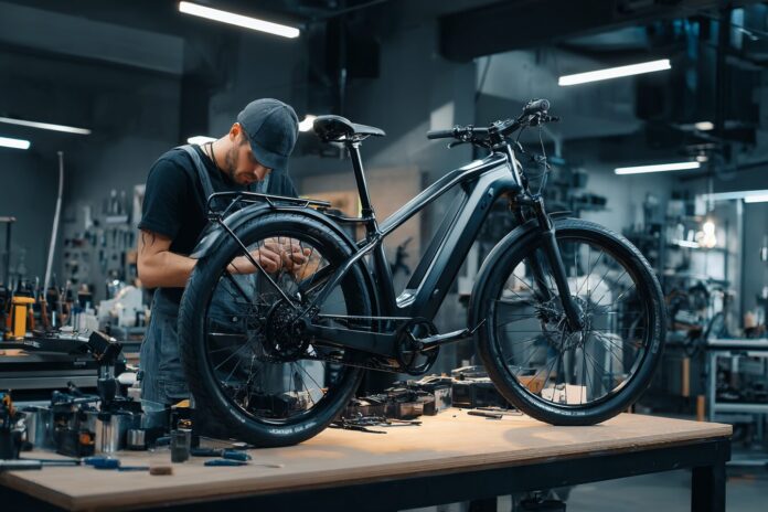 Technician refurbishing a Cowboy e-bike in a modern workshop