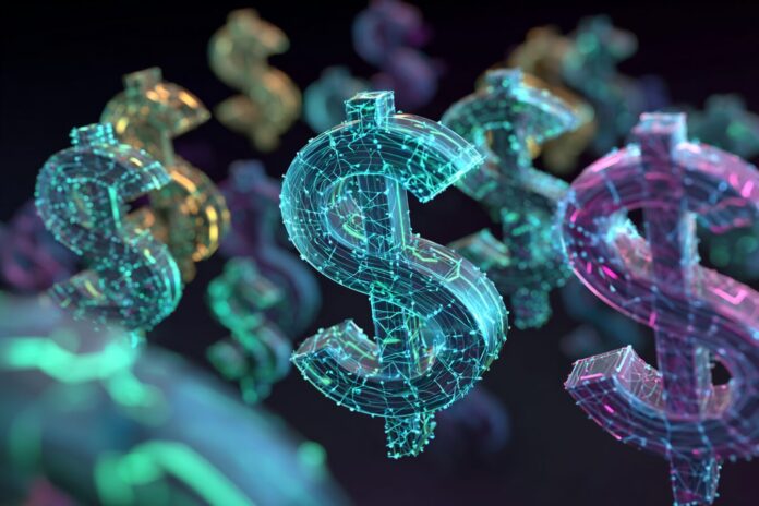 Digital dollar concept illustration showing currency symbols, blockchain, and Ripple logos.