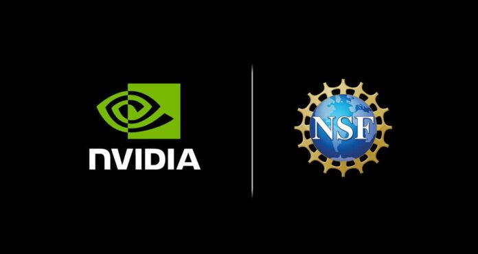 Feature image showing NSF and Nvidia logos connected by a digital neural network overlay representing artificial intelligence innovation.