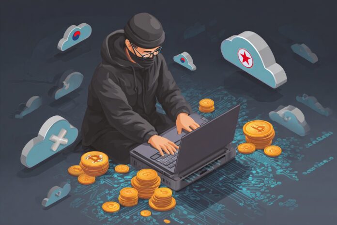 A North Korean hacker typing on a dark laptop surrounded by cloud and cryptocurrency digital icons.