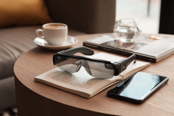 A pair of smart glasses with embedded AI interface resting on a coffee table, next to a smartphone and journal.