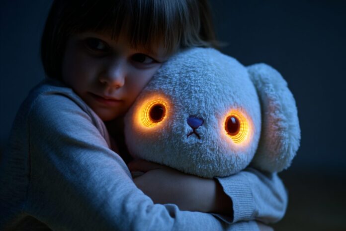 A child hugging a plush toy with glowing electronic eyes, symbolizing AI technology.