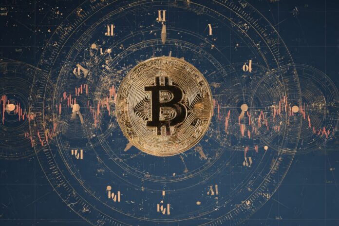 Bitcoin surrounded by clocks and charts, representing time cycles and modern financial shifts.