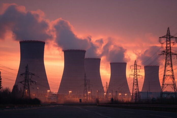 Exterior of a modern digital mining data center at sunset, with visible cooling towers and power lines.