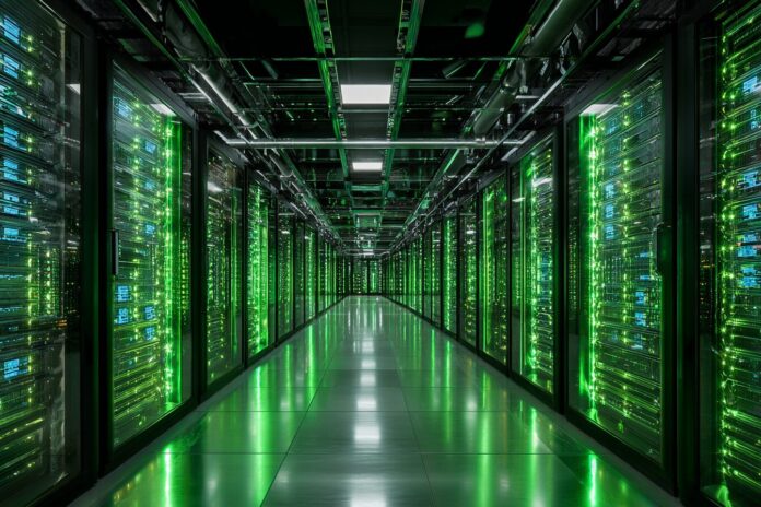 A modern data center with rows of server racks and green lighting, visualizing the intersection of technology and sustainability.
